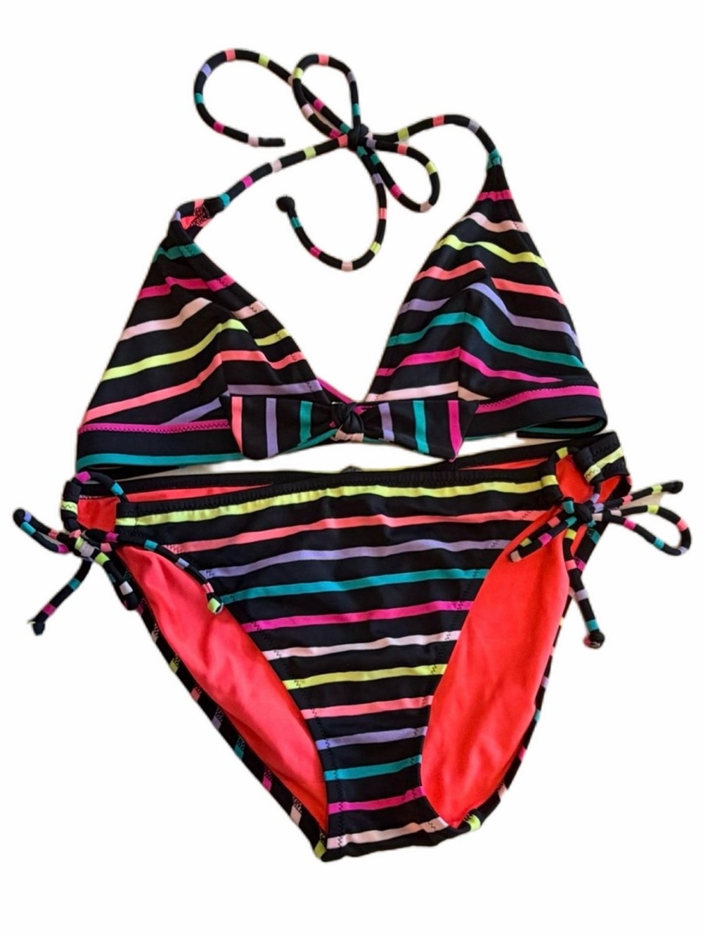 VICTORIA’S SECRET Women’s Black & Multi-Striped Triangle Top Bikini Set